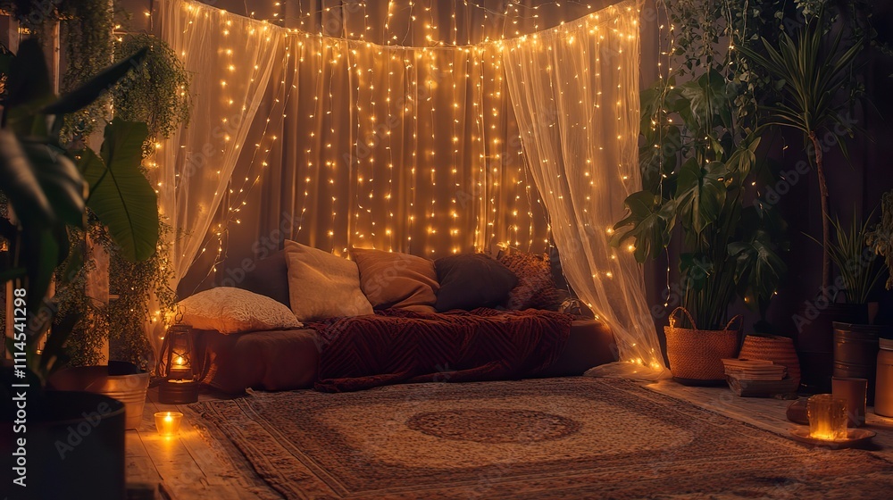 Poster a cozy setup featuring a charming backdrop with twinkling lights and soft fabric draping, perfect fo