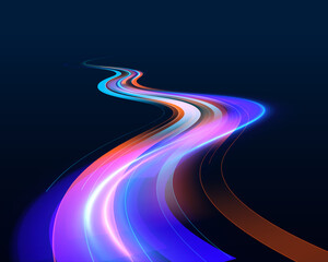 Image with the effect of high-speed movement on the road. Abstract fire flare trace lens flares. Expressway in long delay, with car lights at night on autobahn.	