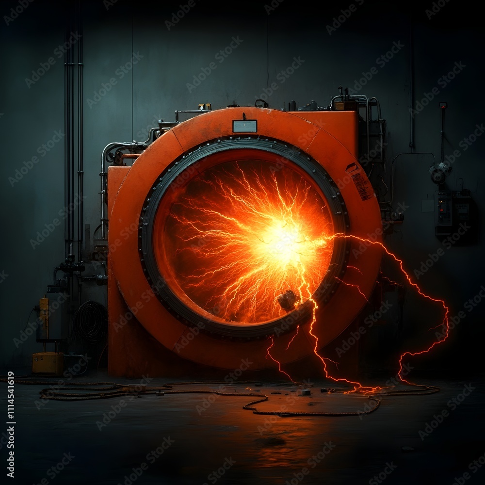 Poster cutting edge research complex featuring intricate machinery arrays bursting capacitors and spiraling