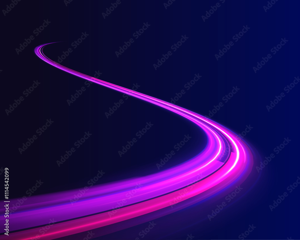 Poster neon stripes in the form of drill, turns and swirl. car motion trails. speed line motion vector back