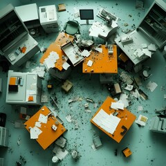 A research laboratory in total disarray with overturned desks scattered papers and damaged instruments conveyed in a gritty