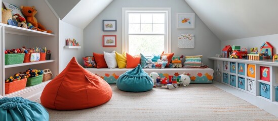 Colorful attic playroom with beanbag chairs, built-in storage, and toys.