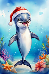 Naklejka premium A Dolphin wearing a Santa hat