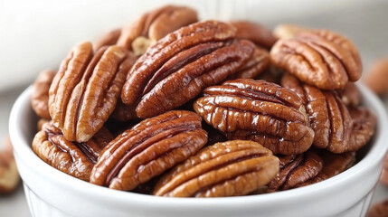 Fresh pecan nuts in white bowl, showcasing their rich brown color and texture, perfect for healthy snacking or baking