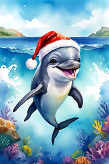 Naklejka premium A Dolphin wearing a Santa hat