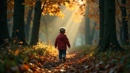 Obraz premium A child walks through the forest in autumn.