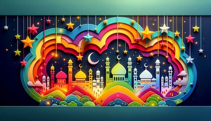 Colorful Mosques Underneath a Rainbow Night Sky