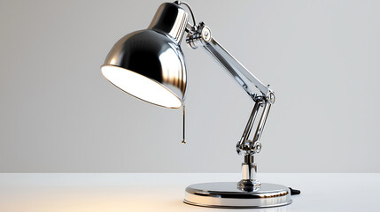 A silver lamp with a white shade is lit up