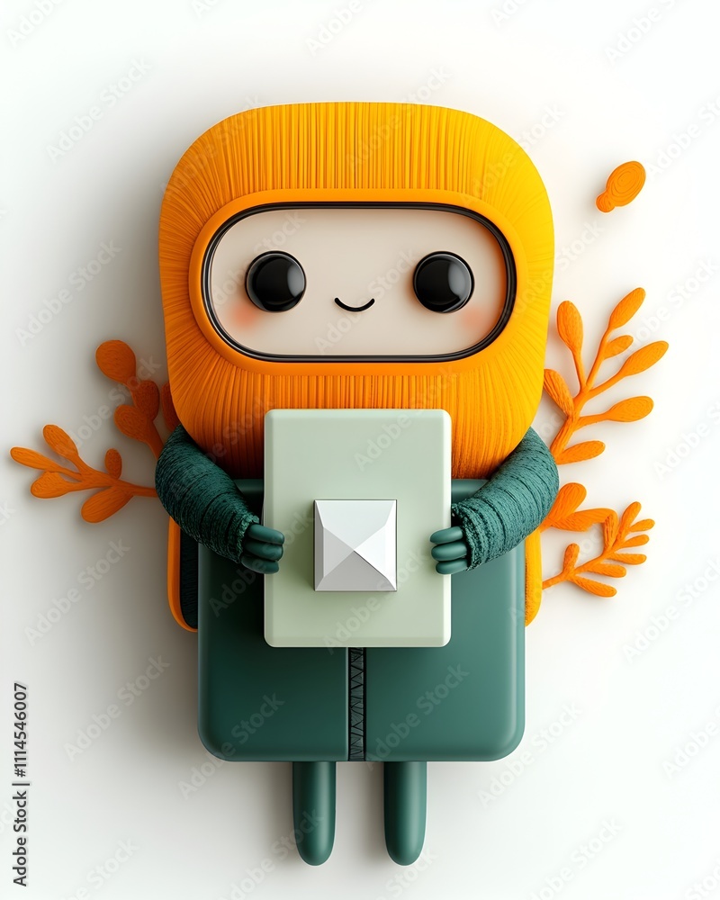 Poster a 3d rendered whimsical cartoon character tenderly embracing a simple paper cube designed for an ene