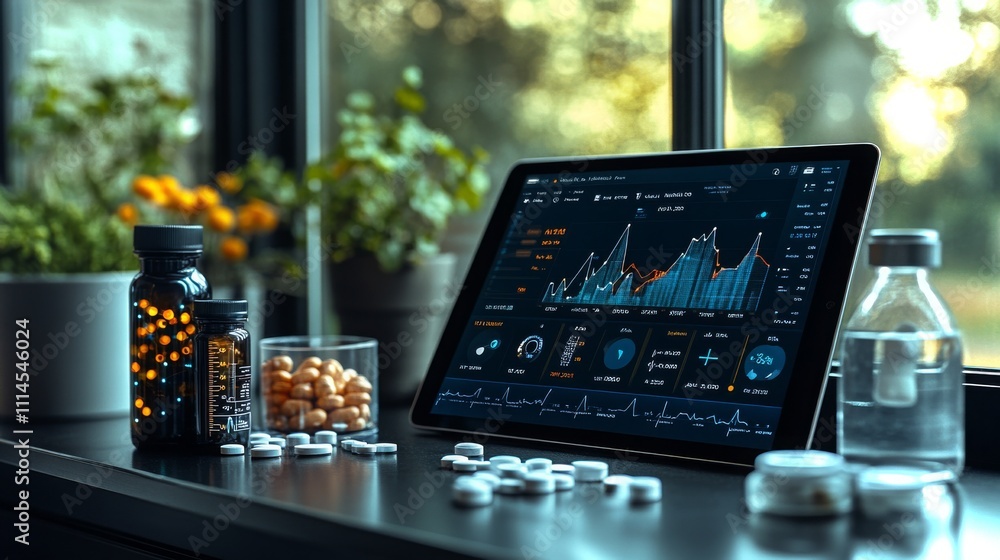 Poster digital health tracker on a tablet showcasing data analytics in a modern workspace