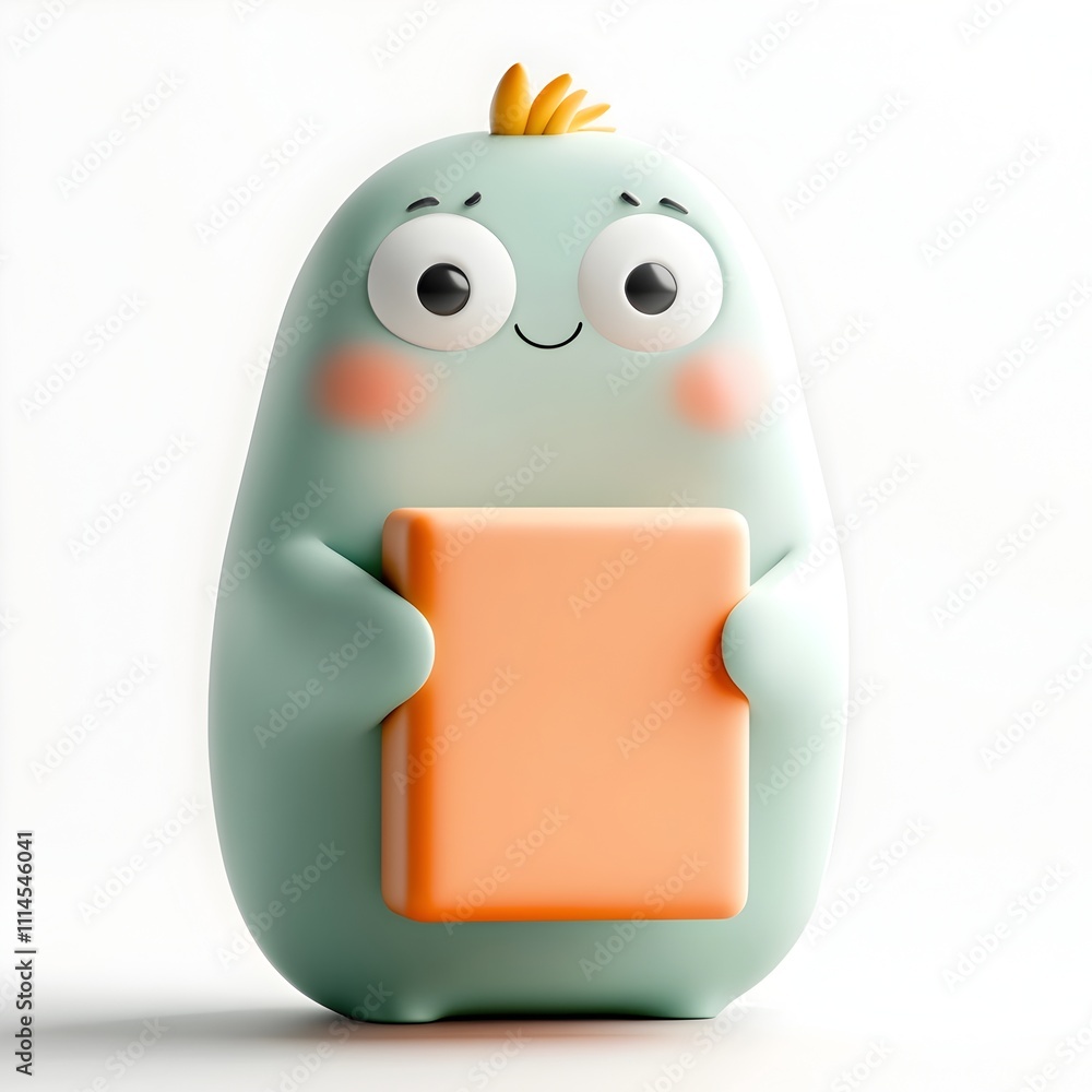 Poster whimsical 3d rendered cartoon character with a playful expression holding an unbranded rectangular p