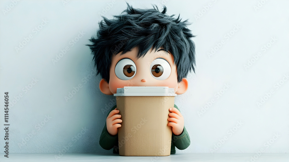 Poster a whimsical and charming 3d rendered animated character tightly clutching a basic cardboard containe