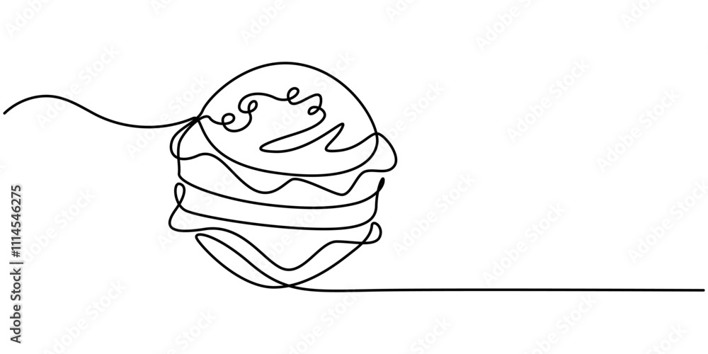 Poster Single line drawing of burger. Fast food hamburger made of one continuous line, vector, Fast Food continuous line drawing with color shapes, burger with continuous one line drawing style. editable. 