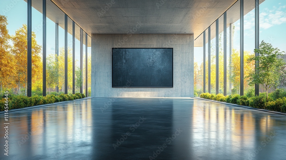 Poster modern gallery space with large blank canvas.