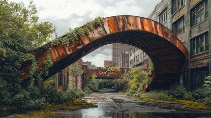 A massive, curving steel bridge that stands tall over a forgotten commercial space, its pillars partially covered in ivy and rust, representing urban decay and renewal.