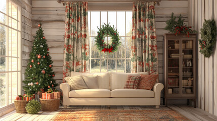 Picture a festive Christmas curtain hanging elegantly in a cozy holiday-decorated room.