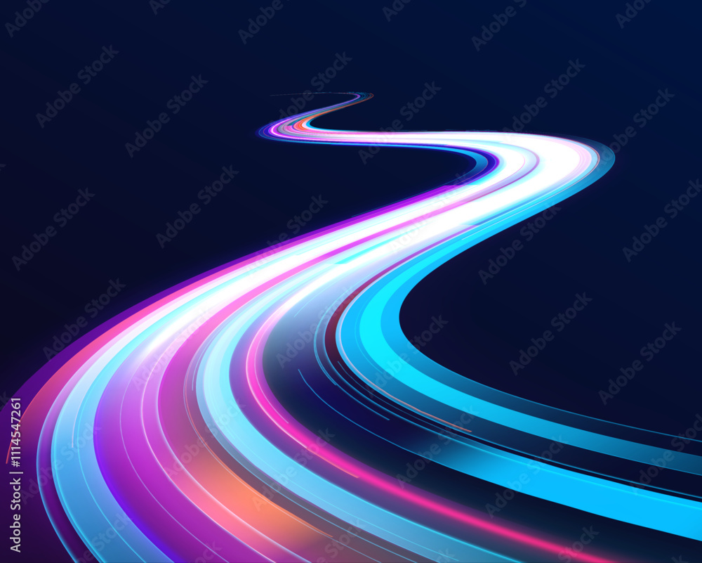 Poster This graphic showcases the flow of high-speed data traffic, illuminated by neon light and dynamic light traces. The design reflects the concept of big data traffic streams. 