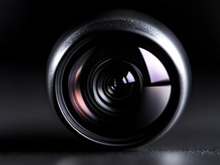 A close up of a camera lens on a black background