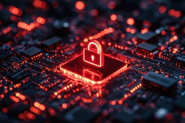 A futuristic glowing door lock floating against a dark background. A sleek and modern concept for security and cybersecurity. Banner with space for text