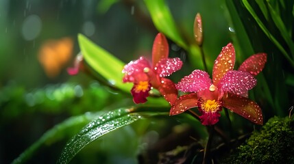 Rain Kissed Orchids Blooming Lush Green Foliage