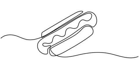 Obraz premium Hot dog continuous line drawing. Minimalist food and drink concept isolated on white, Continuous line art Hot Dog sausage full topped, ketchup,mayo melted for vector illustration colorful. Concept. 