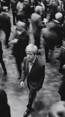 A black and white photograph of an wealthy man walking through crowd, blurred motion,