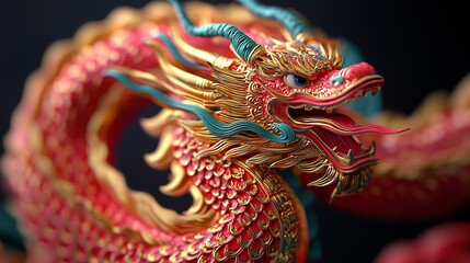 Obraz premium Majestic Red Gold Chinese Dragon Statue Mythical Creature Asian Culture 3D Render