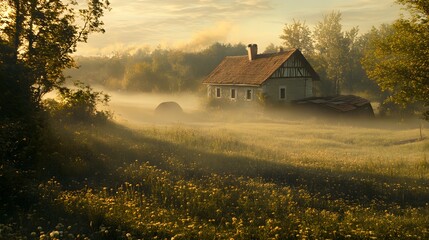 Morning mist envelops tranquil houses