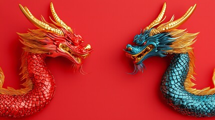 Fototapeta premium Red Blue Chinese Dragons Gold Accents Festive Mythical Creatures Asian Culture Symbol Art 3D Render
