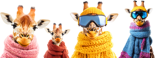 funny wild animals isolated on white (transparent) background: looking directly giraffe in scarf; snowboarder / skier; 4 version; perfect 4 children skiing schools or winter humorous advertising