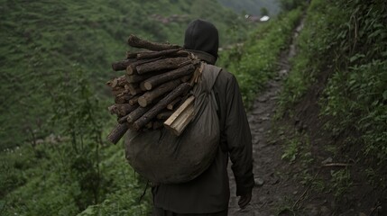 Fototapeta premium A male figure carries firewood on a misty forest trail.