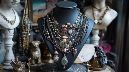 Layered vintage necklaces displayed on a mannequin.