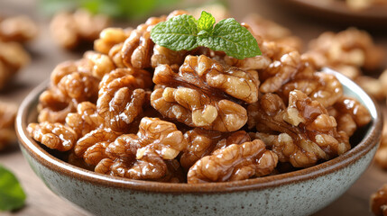 Obraz premium Fresh walnuts in bowl, showcasing their rich texture and color, garnished with mint leaves for vibrant touch. Perfect for healthy snacking or culinary use