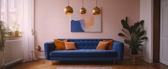 A living room with blue sofa, brass pendant lights and wooden floor. The wall is painted in light pink and there's an abstract painting on the wall.