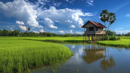 Obraz premium Rustic Stilt House Amidst Lush Green Rice Paddy Fields