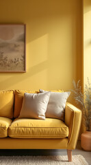 mustard-yellow velvet couch with beige pillows a sunlit room