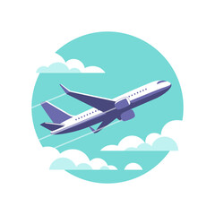 Airplane gaining altitude between clouds. Travel and vacation time. Vector illustration in a minimalistic style.
