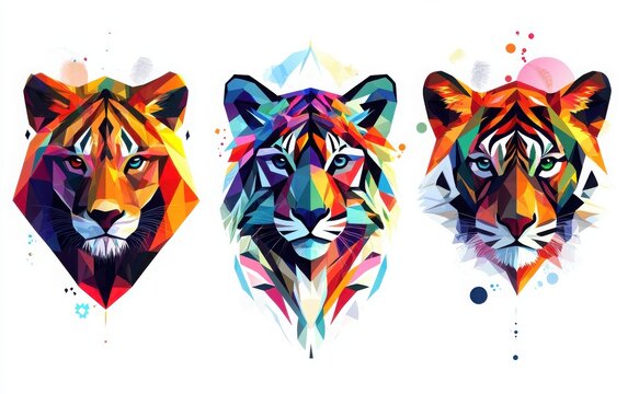 Abstract geometric animal faces, created with colorful polygonal shapes in vector art. 