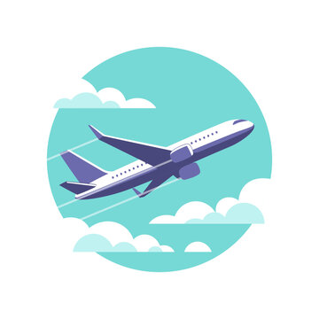 Airplane gaining altitude between clouds. Travel and vacation time. Vector illustration in a minimalistic style.