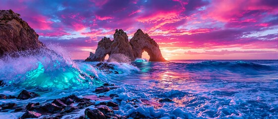 A breathtaking sunset over a rocky coastal arch with waves crashing against the shore under a vibrant pink and purple sky.