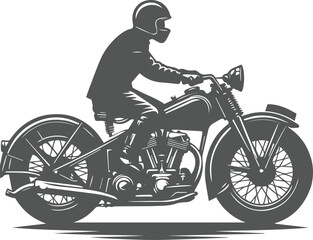 Fototapeta premium Biker rides a retro motorcycle silhouette black and white design vector illustration
