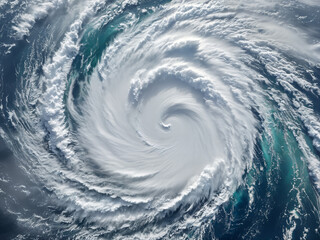 Generated digital vibrant hyper-realistic aerial view of center of the super storm, viewed from above.