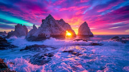 Dramatic seascape with vibrant sunset illuminating jagged rock formations and foamy waves crashing along the rugged shoreline under a vivid, colorful sky.