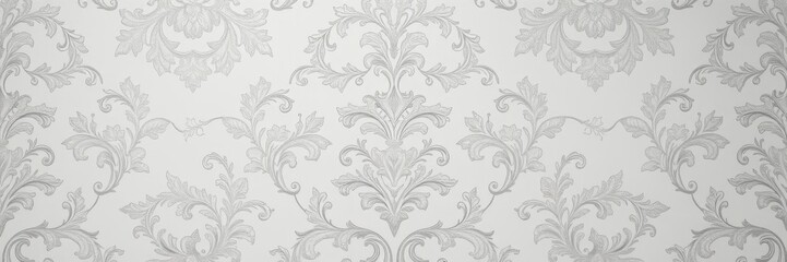 Elegant floral damask pattern in white and silver, perfect for luxurious wallpaper, floral