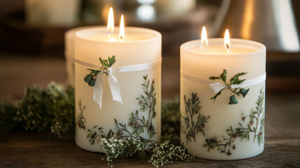 Some candles are wrapped with festive ribbons, tiny bells, or sprigs of evergreen and berries for added charm. 