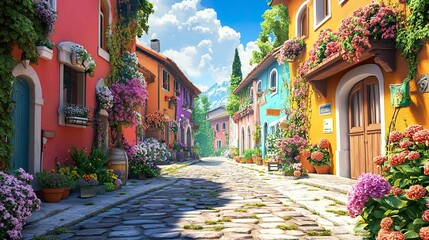 Fototapeta premium A charming historic street filled with colorful houses and blooming flowers, radiating warmth and charm.