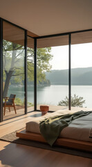 serene lakeside bedroom with panoramic views