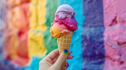 Woman holding colorful ice cream cone against rainbow wall