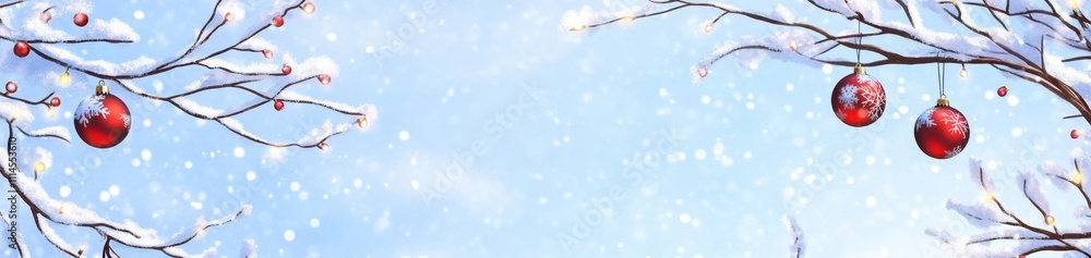 Poster a festive christmas background with red and white ornaments hanging from snowy branches, creating an