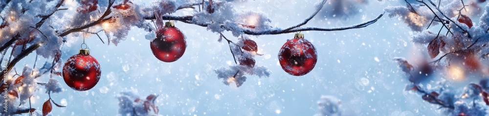 Poster a festive christmas background with red and white ornaments hanging from snowy branches, creating an